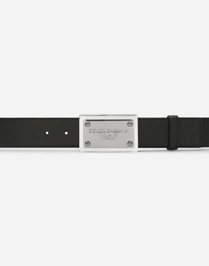 Dolce and Gabbana Belts Men Calfskin Belt With Branded Tag Black