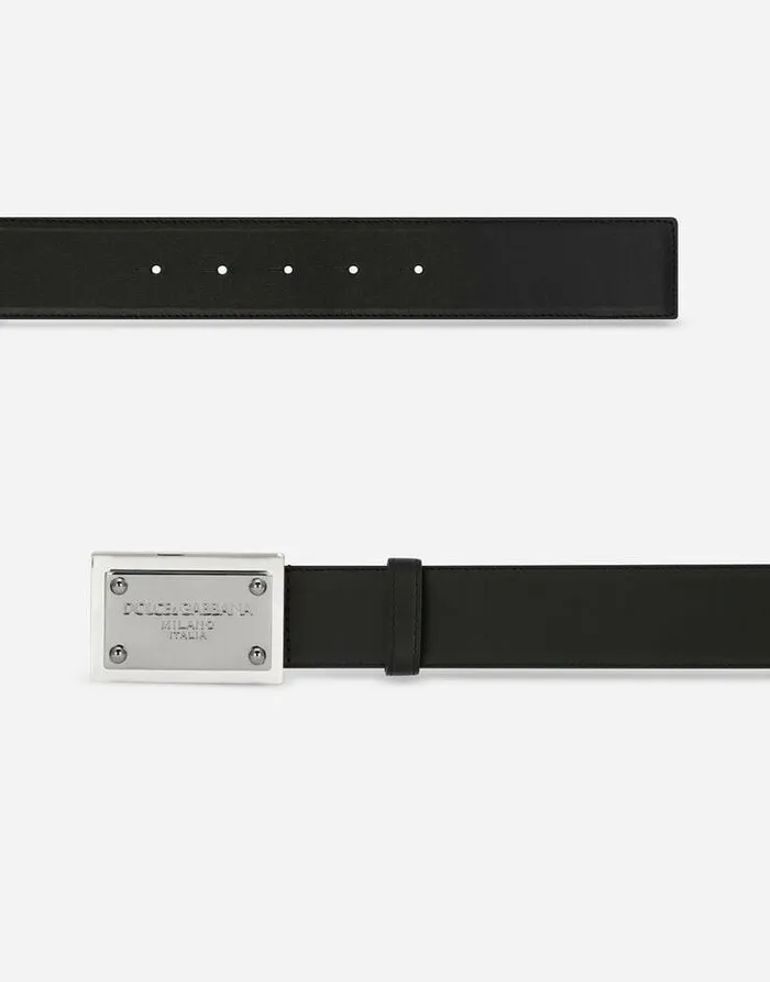 Dolce and Gabbana Belts Men Calfskin Belt With Branded Tag Black