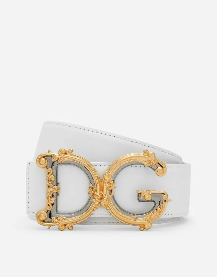 Dolce and Gabbana Belts Women Leather Belt With Baroque DG Logo White