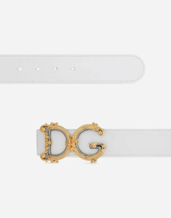 Dolce and Gabbana Belts Women Leather Belt With Baroque DG Logo White
