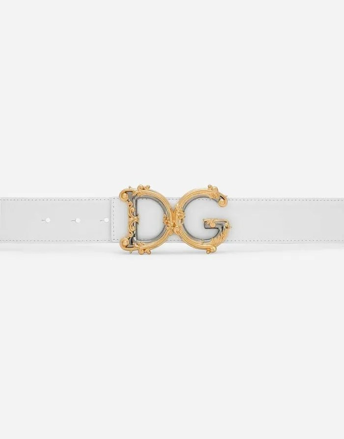 Dolce and Gabbana Belts Women Leather Belt With Baroque DG Logo White