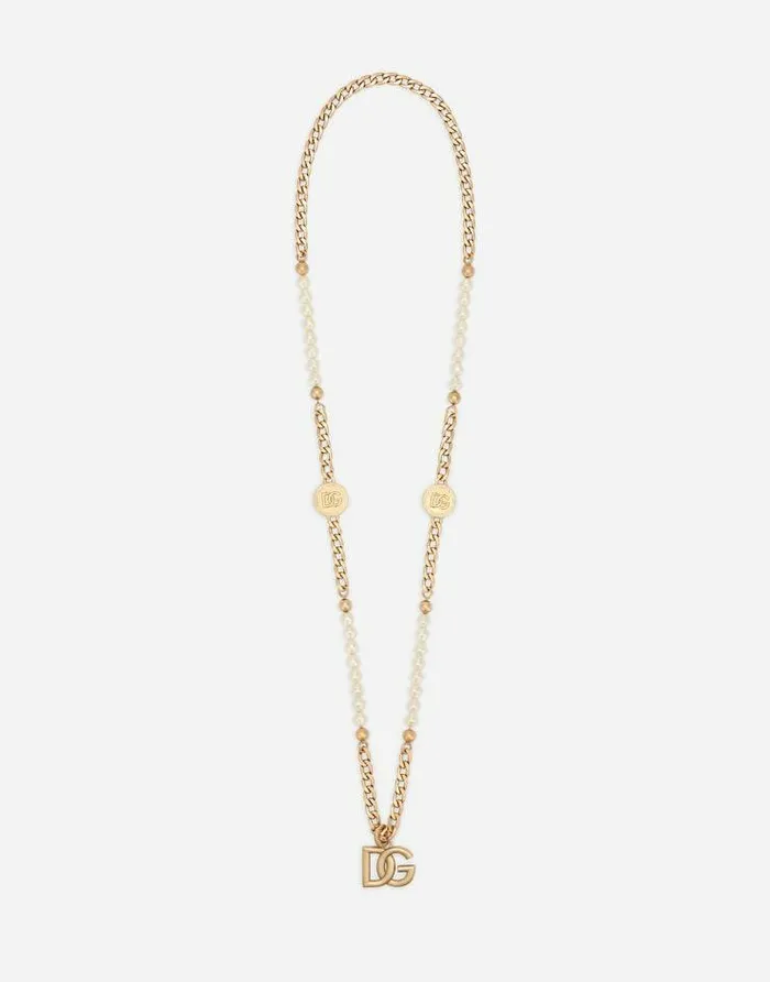 Dolce and Gabbana Bijoux Men Necklace With Coins Pearls And DG Logo Gold