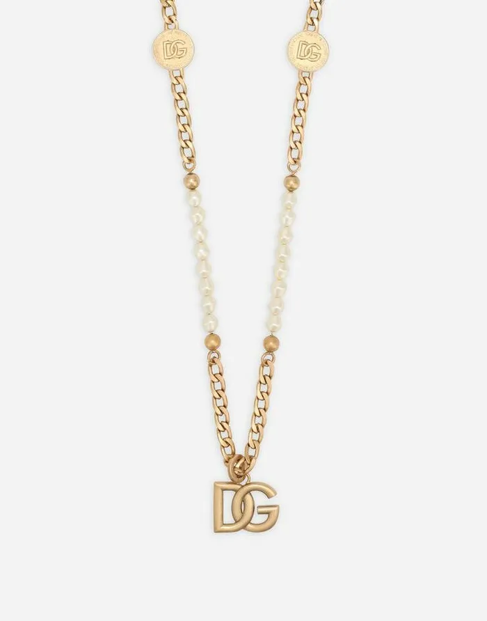 Dolce and Gabbana Bijoux Men Necklace With Coins Pearls And DG Logo Gold Dolce and Gabbana Bijoux Men Necklace With Coins Pearls And DG Logo Gold