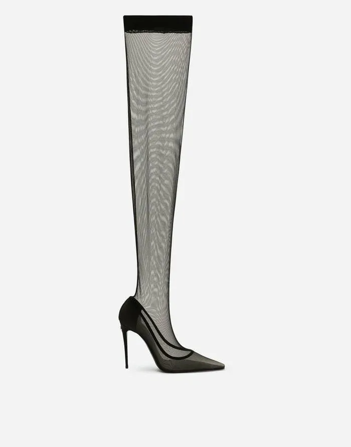 Dolce and Gabbana Boots And Booties Women KIM DOLCEandGABBANA Stretch Tulle Thighhigh Boots Black