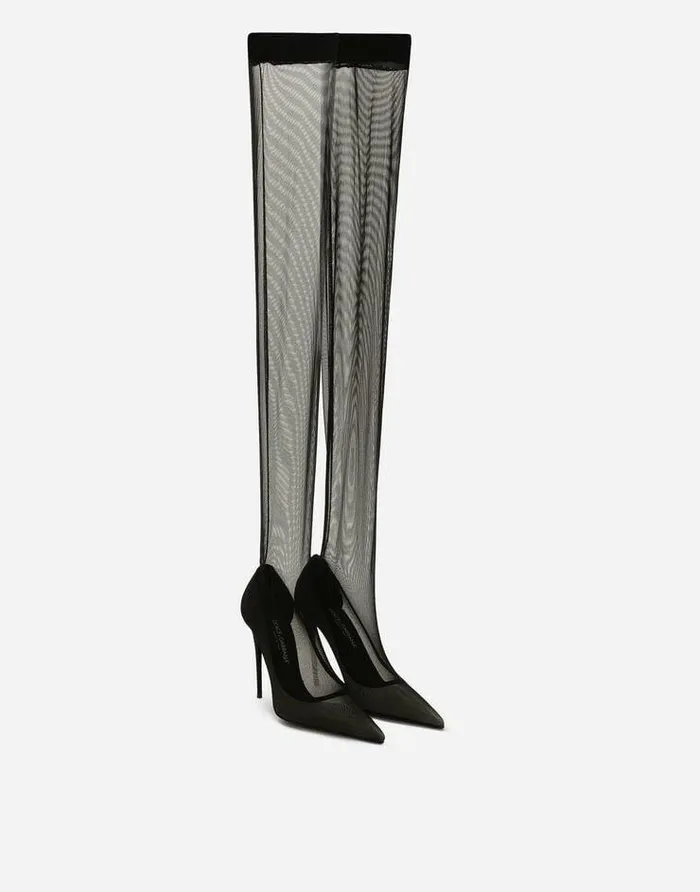 Dolce and Gabbana Boots And Booties Women KIM DOLCEandGABBANA Stretch Tulle Thighhigh Boots Black