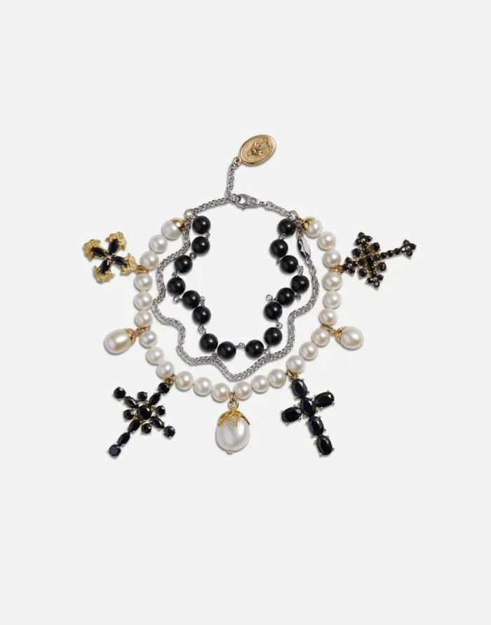 Dolce and Gabbana Bracelets Women Yellow And White Gold Family Bracelet With Cblack Sapphire Pearl And Black Jade Beads Gold