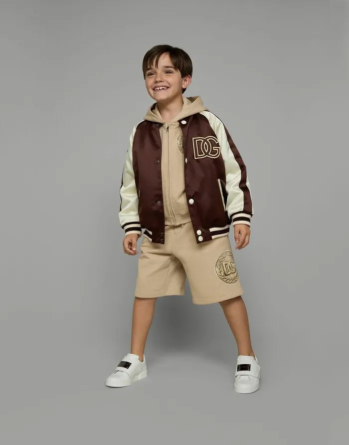 Dolce and Gabbana Coats And Jackets Children Satin Bomber Jacket With DG Logo Patch Multicolor