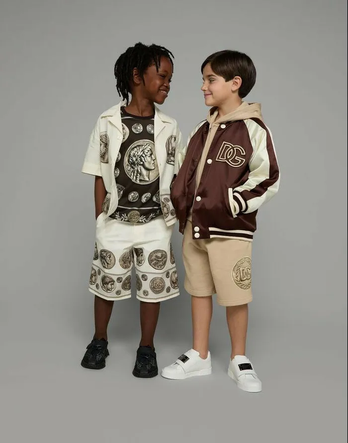 Dolce and Gabbana Coats And Jackets Children Satin Bomber Jacket With DG Logo Patch Multicolor