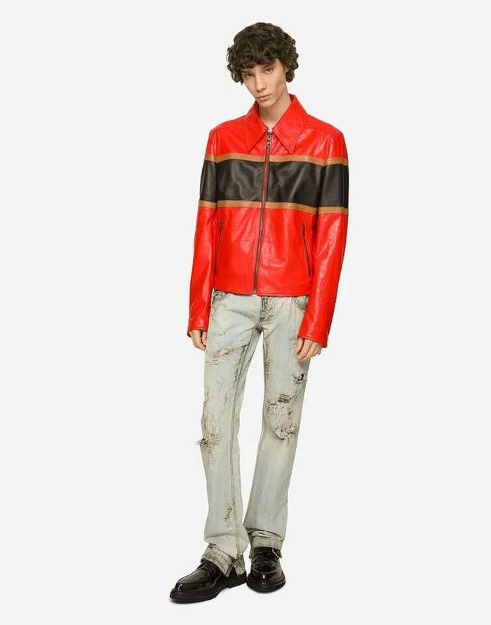 Dolce and Gabbana Coats And Jackets Men Leather Jacket With Contrasting Inserts Multicolor