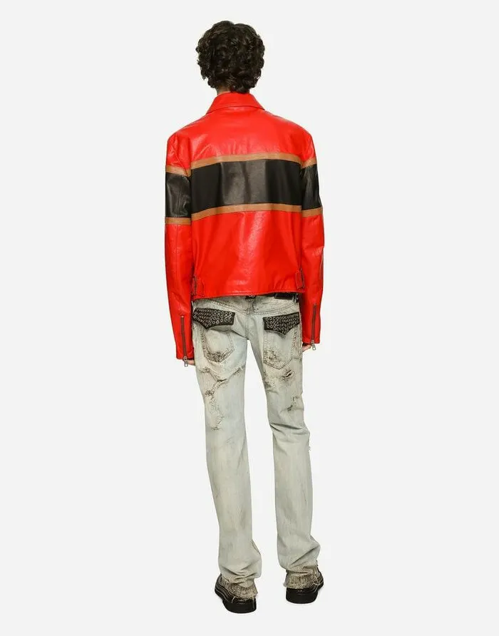 Dolce and Gabbana Coats And Jackets Men Leather Jacket With Contrasting Inserts Multicolor