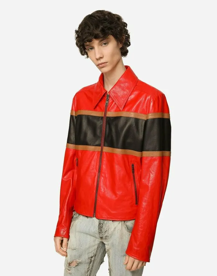 Dolce and Gabbana Coats And Jackets Men Leather Jacket With Contrasting Inserts Multicolor