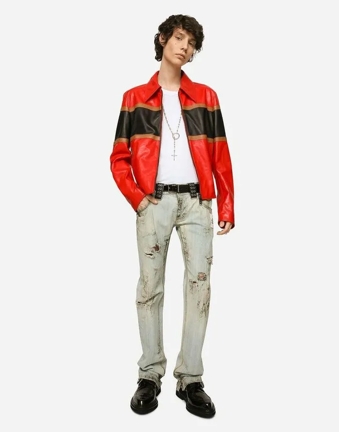 Dolce and Gabbana Coats And Jackets Men Leather Jacket With Contrasting Inserts Multicolor