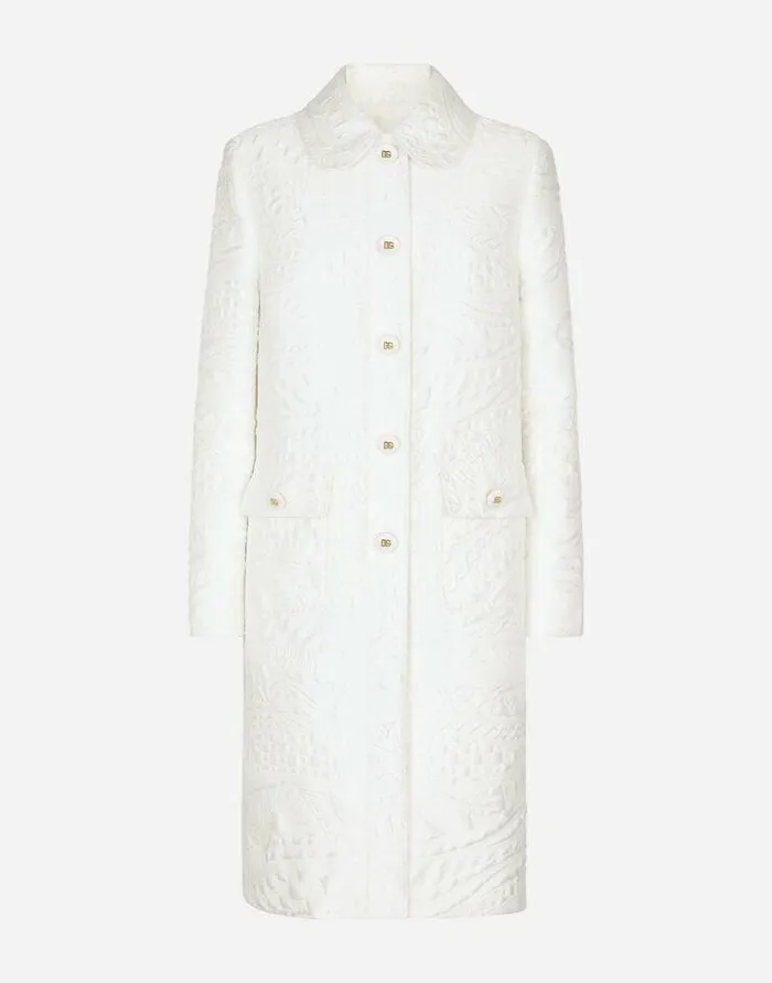 Dolce and Gabbana Coats And Jackets Women Brocade Coat With DG Buttons White