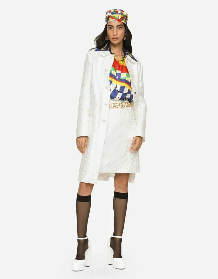 Dolce and Gabbana Coats And Jackets Women Brocade Coat With DG Buttons White Dolce and Gabbana Coats And Jackets Women Brocade Coat With DG Buttons White