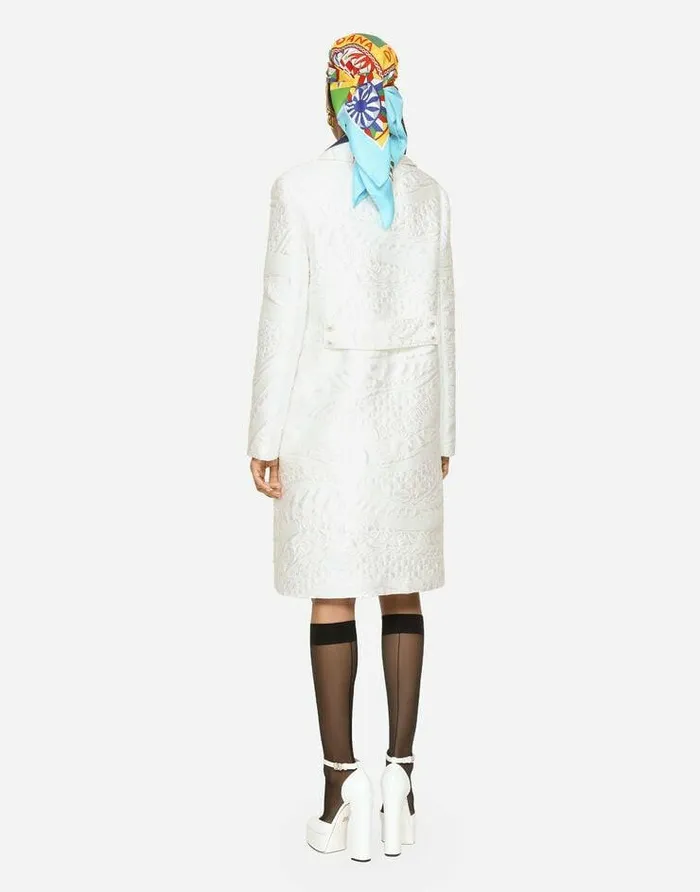 Dolce and Gabbana Coats And Jackets Women Brocade Coat With DG Buttons White Dolce and Gabbana Coats And Jackets Women Brocade Coat With DG Buttons White