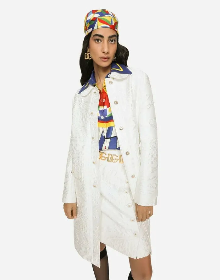 Dolce and Gabbana Coats And Jackets Women Brocade Coat With DG Buttons White Dolce and Gabbana Coats And Jackets Women Brocade Coat With DG Buttons White