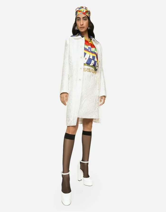 Dolce and Gabbana Coats And Jackets Women Brocade Coat With DG Buttons White Dolce and Gabbana Coats And Jackets Women Brocade Coat With DG Buttons White