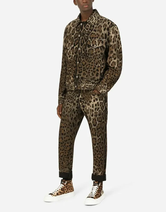 Dolce and Gabbana Denim Men Loose Jeans With DG Leopard Print Multicolor Dolce and Gabbana Denim Men Loose Jeans With DG Leopard Print Multicolor