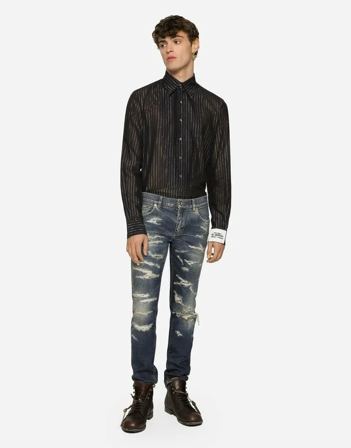 Dolce and Gabbana Denim Men Skinny Stretch Denim Jeans With Abrasion Details Multicolor Dolce and Gabbana Denim Men Skinny Stretch Denim Jeans With Abrasion Details Multicolor