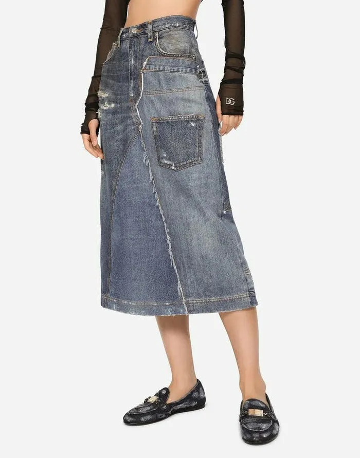 Dolce and Gabbana Denim Women Patchwork Denim Midi Skirt Multicolor Dolce and Gabbana Denim Women Patchwork Denim Midi Skirt Multicolor