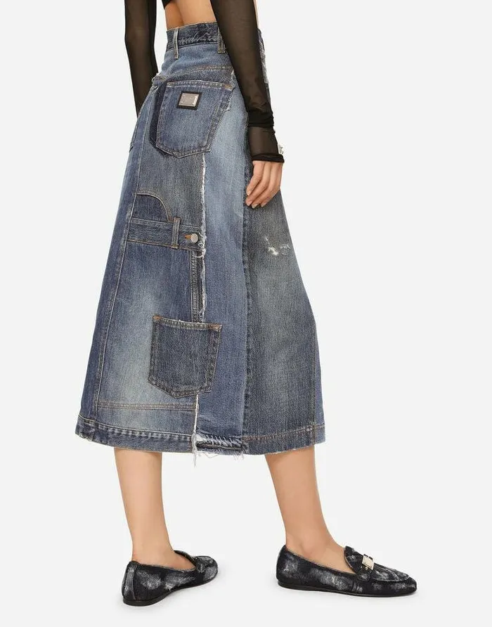 Dolce and Gabbana Denim Women Patchwork Denim Midi Skirt Multicolor Dolce and Gabbana Denim Women Patchwork Denim Midi Skirt Multicolor