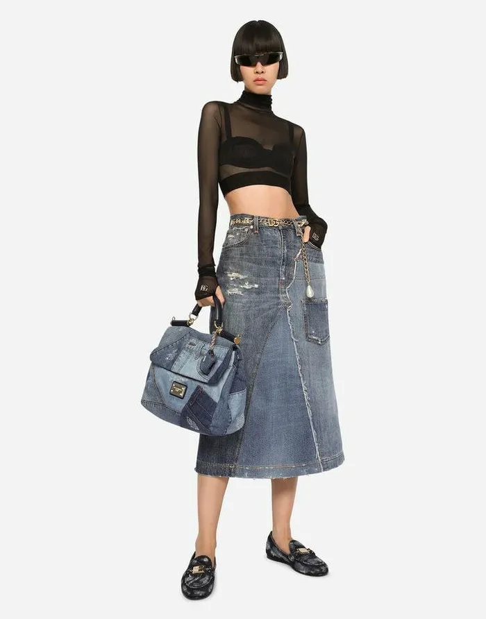 Dolce and Gabbana Denim Women Patchwork Denim Midi Skirt Multicolor Dolce and Gabbana Denim Women Patchwork Denim Midi Skirt Multicolor