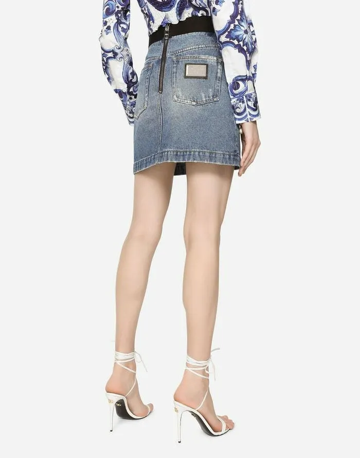 Dolce and Gabbana Denim Women Short Denim Skirt With Branded Waistband Multicolor Dolce and Gabbana Denim Women Short Denim Skirt With Branded Waistband Multicolor