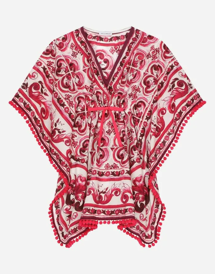 Dolce and Gabbana Dresses Children Majolicaprint Batiste Caftan With Drawstring Waist Multicolor