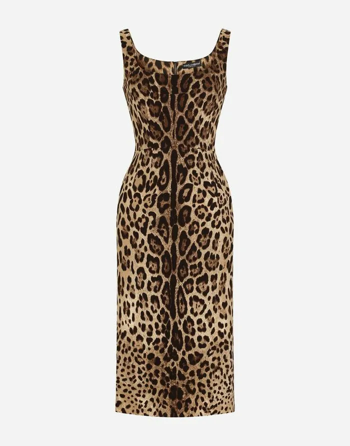 Dolce and Gabbana Dresses Women Charmeuse Calflength Dress With Leopard Print Multicolor