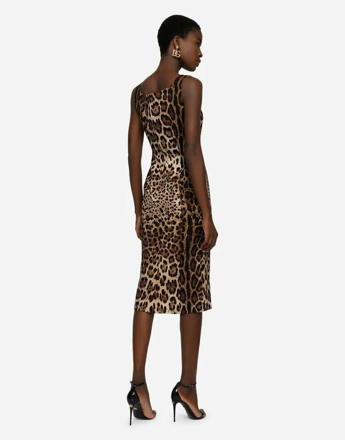 Dolce and Gabbana Dresses Women Charmeuse Calflength Dress With Leopard Print Multicolor