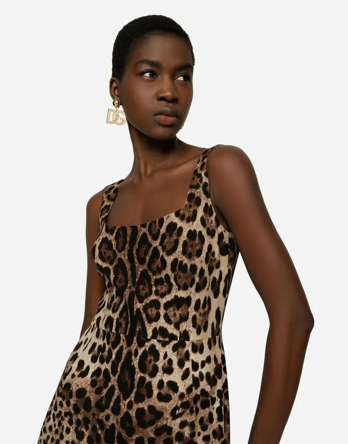 Dolce and Gabbana Dresses Women Charmeuse Calflength Dress With Leopard Print Multicolor