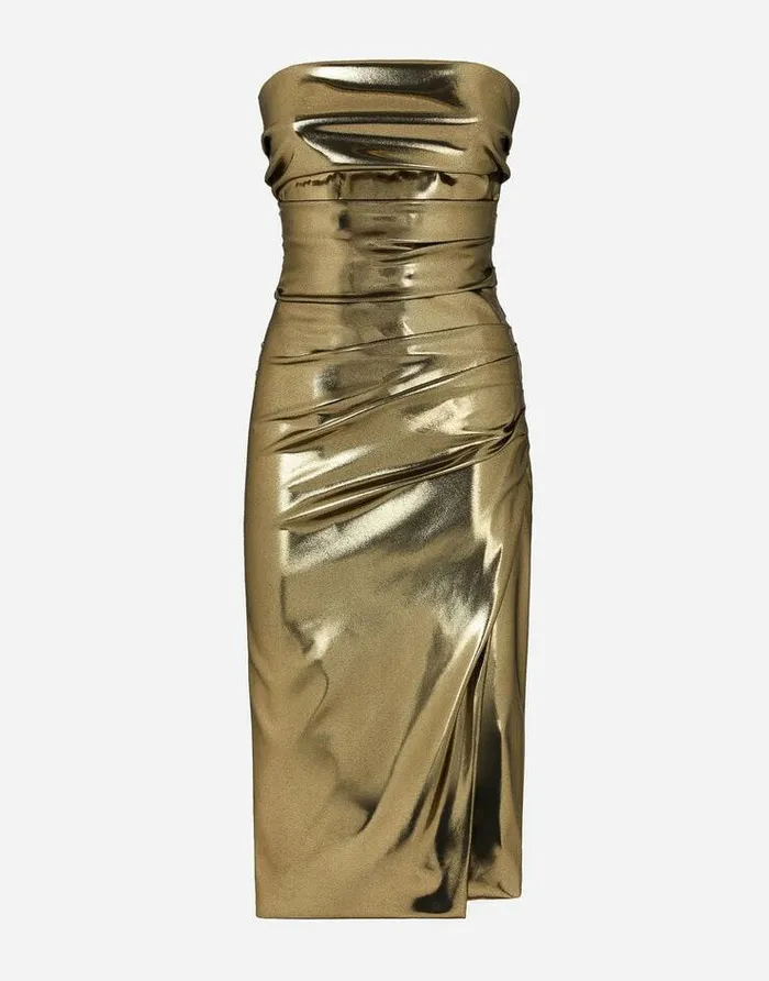 Dolce and Gabbana Dresses Women Foiled Satin Strapless Calflength Dress Gold