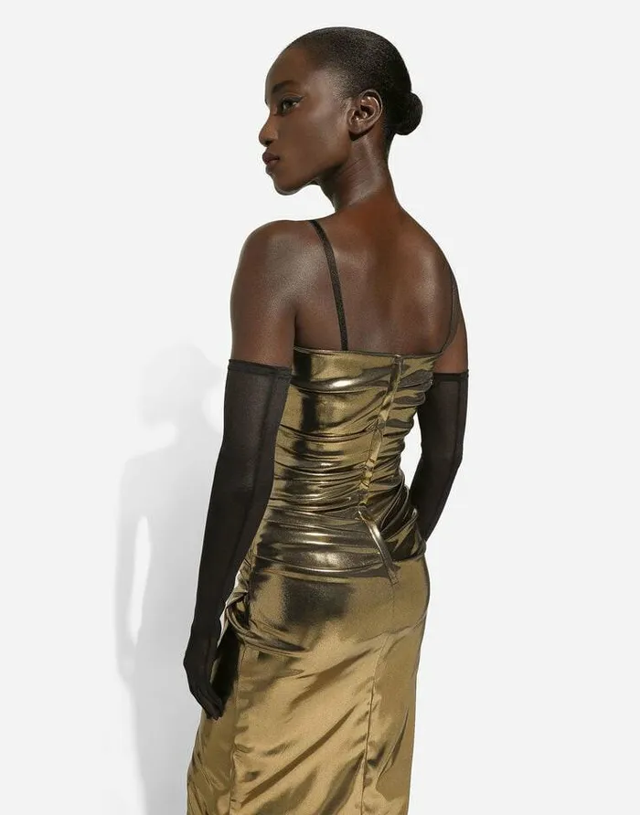 Dolce and Gabbana Dresses Women Foiled Satin Strapless Calflength Dress Gold