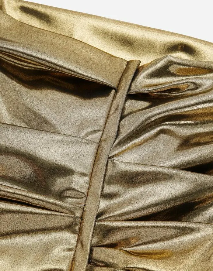 Dolce and Gabbana Dresses Women Foiled Satin Strapless Calflength Dress Gold