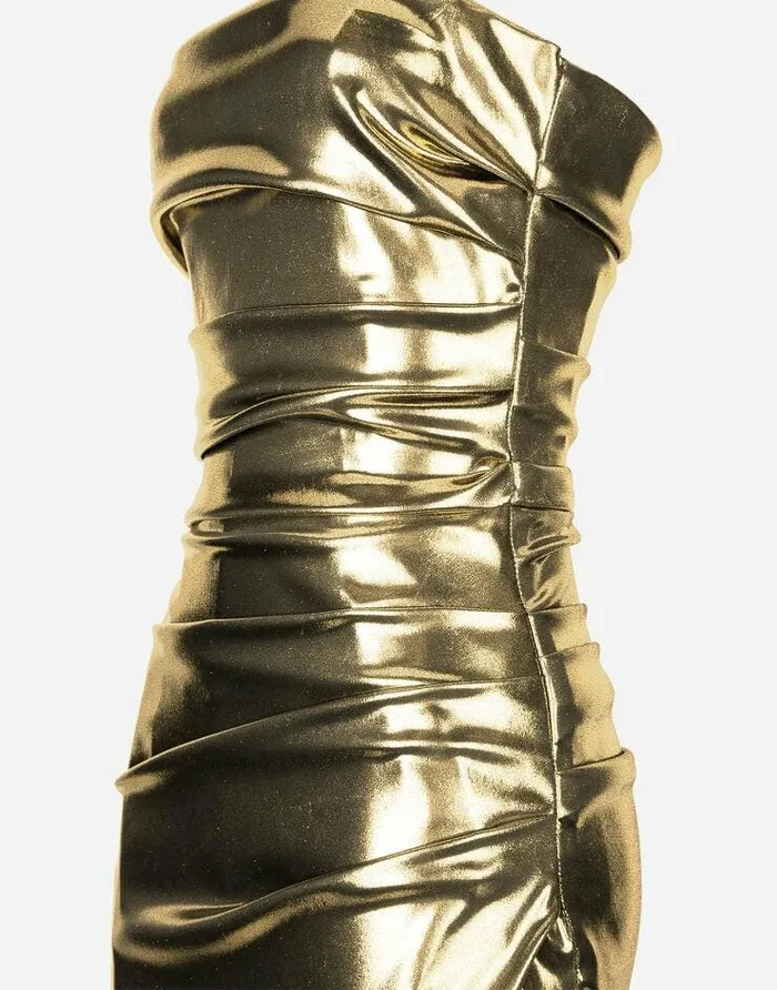 Dolce and Gabbana Dresses Women Foiled Satin Strapless Calflength Dress Gold