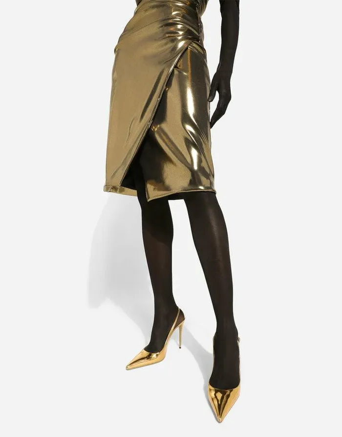 Dolce and Gabbana Dresses Women Foiled Satin Strapless Calflength Dress Gold