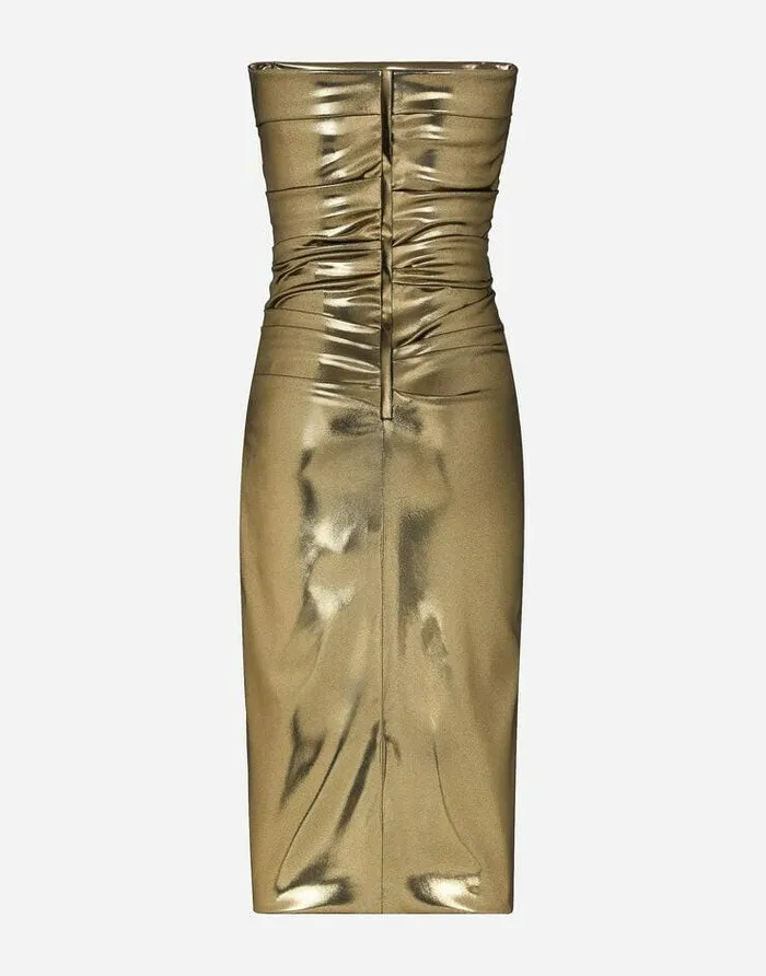 Dolce and Gabbana Dresses Women Foiled Satin Strapless Calflength Dress Gold