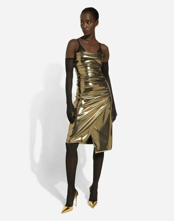 Dolce and Gabbana Dresses Women Foiled Satin Strapless Calflength Dress Gold