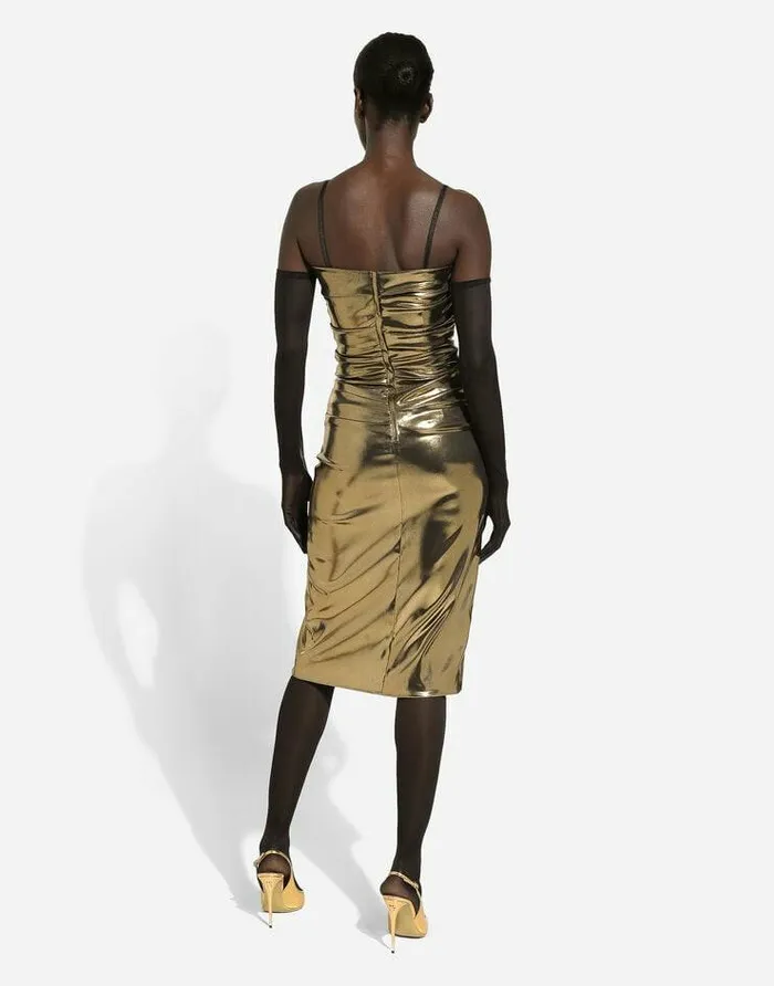 Dolce and Gabbana Dresses Women Foiled Satin Strapless Calflength Dress Gold