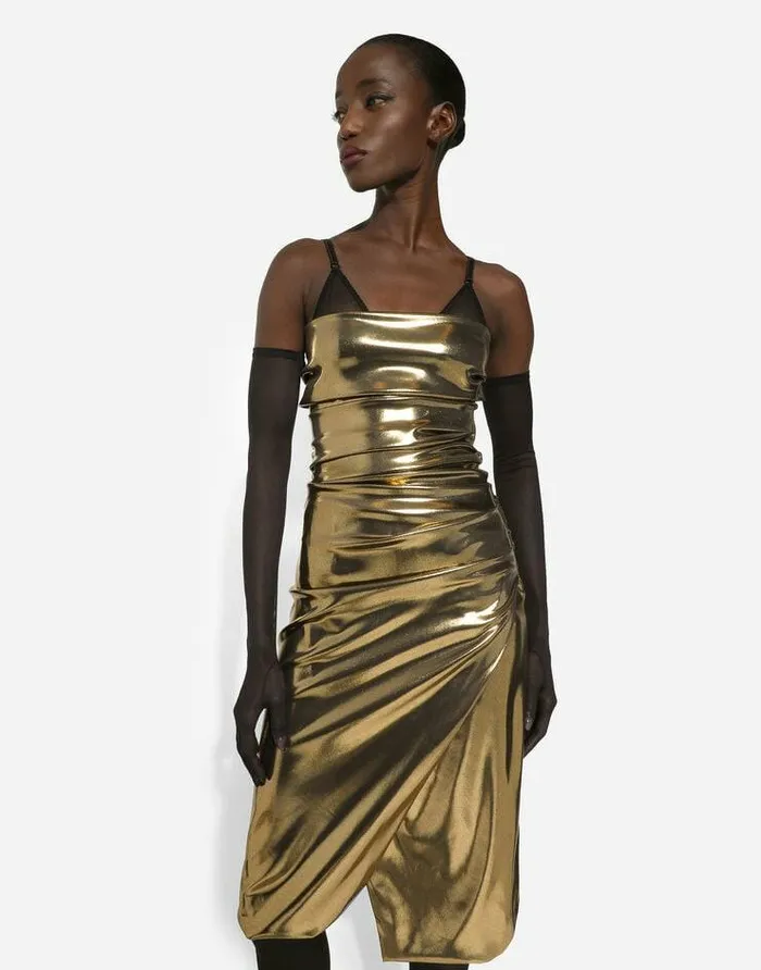Dolce and Gabbana Dresses Women Foiled Satin Strapless Calflength Dress Gold