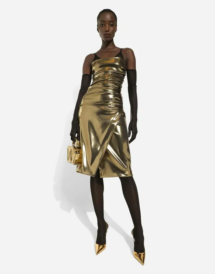 Dolce and Gabbana Dresses Women Foiled Satin Strapless Calflength Dress Gold