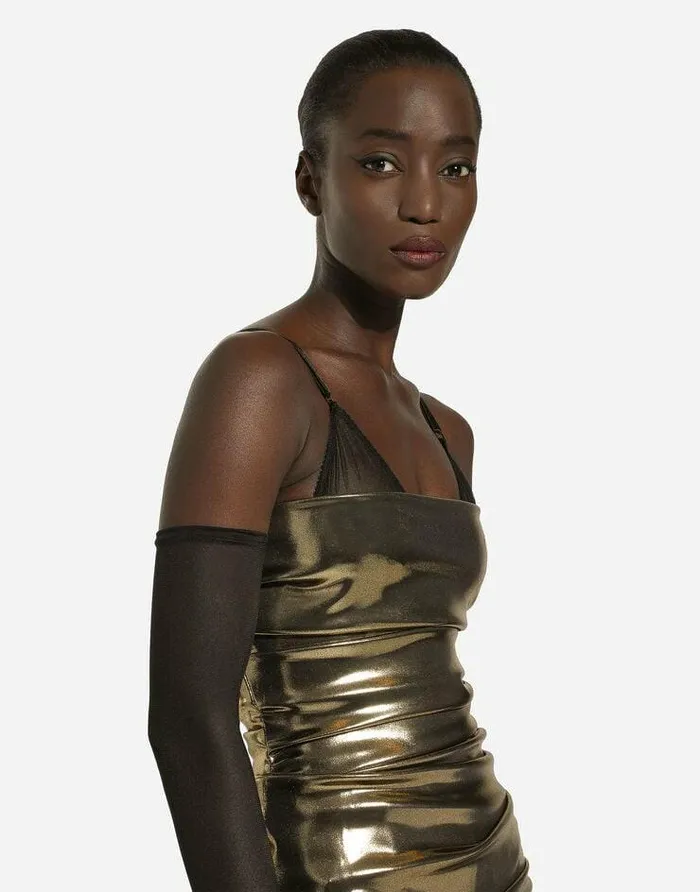Dolce and Gabbana Dresses Women Foiled Satin Strapless Calflength Dress Gold