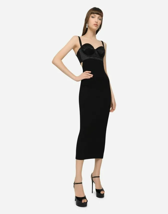 Dolce and Gabbana Dresses Women Jersey And Satin Calflength Dress Black Dolce and Gabbana Dresses Women Jersey And Satin Calflength Dress Black