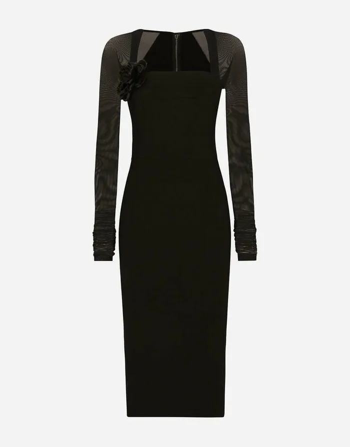 Dolce and Gabbana Dresses Women Jersey Calflength Dress With Tulle Sleeves Black