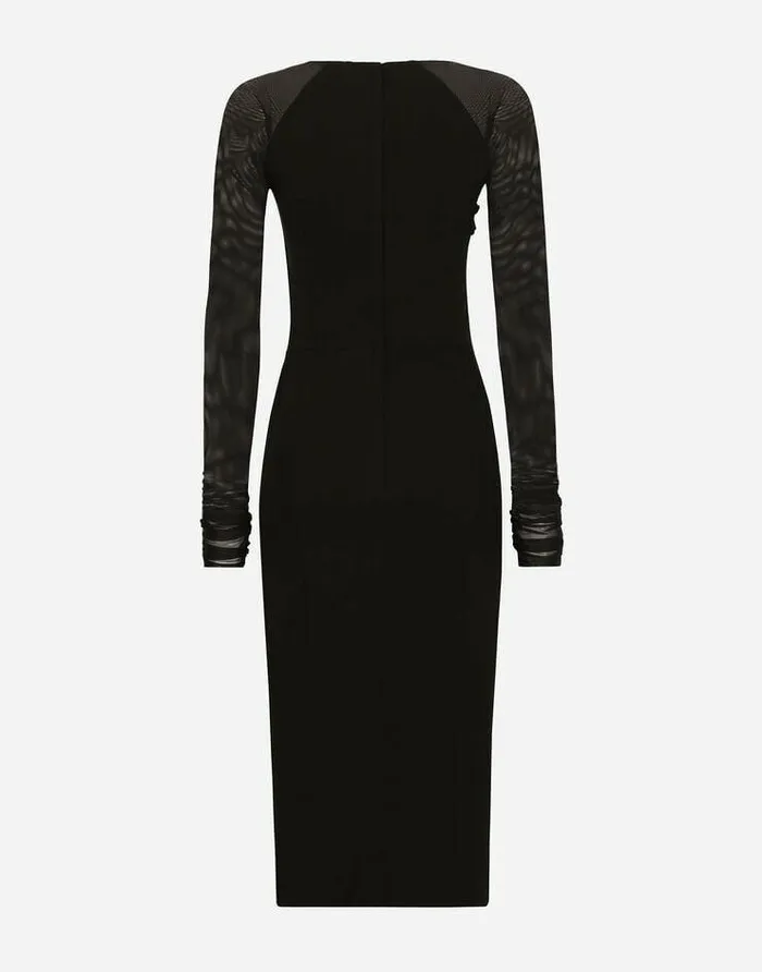 Dolce and Gabbana Dresses Women Jersey Calflength Dress With Tulle Sleeves Black