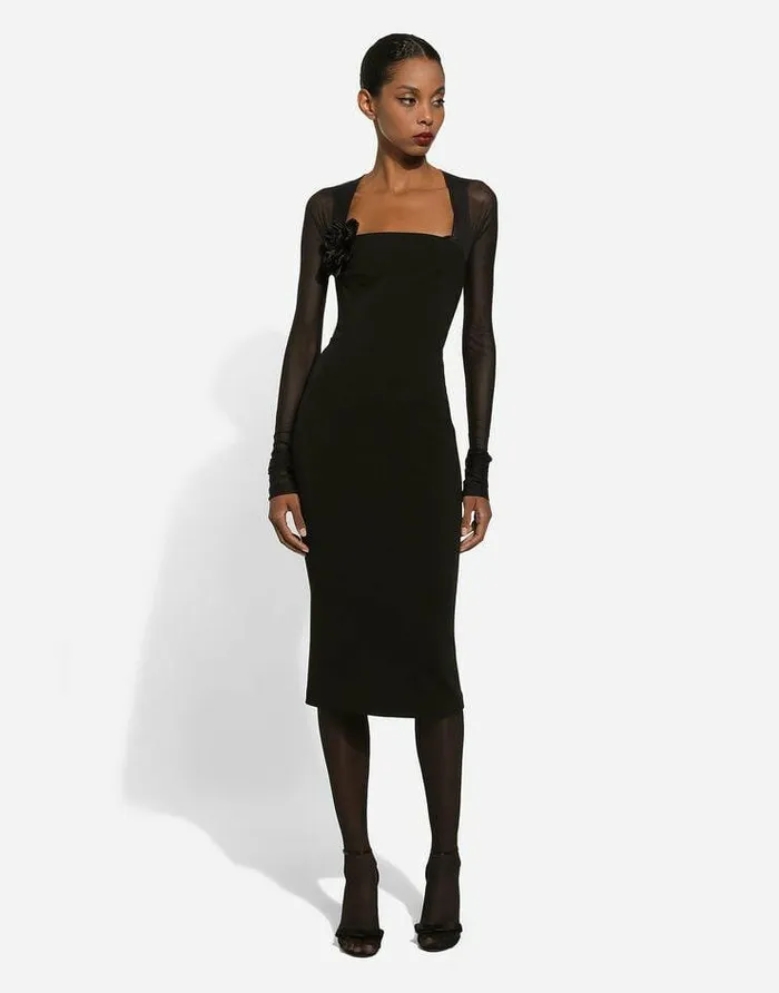 Dolce and Gabbana Dresses Women Jersey Calflength Dress With Tulle Sleeves Black