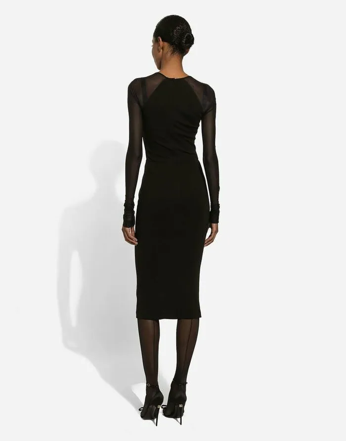 Dolce and Gabbana Dresses Women Jersey Calflength Dress With Tulle Sleeves Black