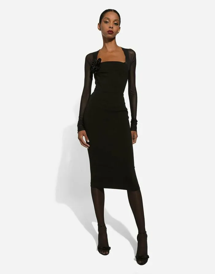 Dolce and Gabbana Dresses Women Jersey Calflength Dress With Tulle Sleeves Black
