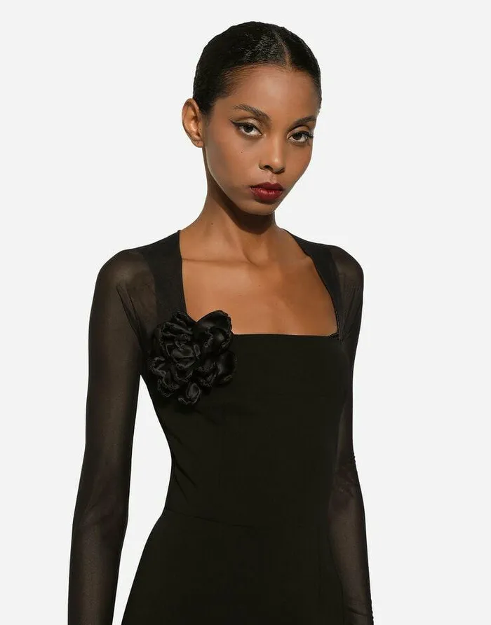 Dolce and Gabbana Dresses Women Jersey Calflength Dress With Tulle Sleeves Black