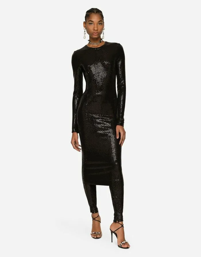 Dolce and Gabbana Dresses Women Jersey Midi Dress With Sequins Black
